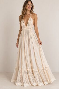 Mira Boutique Large Ivory Boho Halter Maxi Dress Gauze Mesh Ruffle Festival